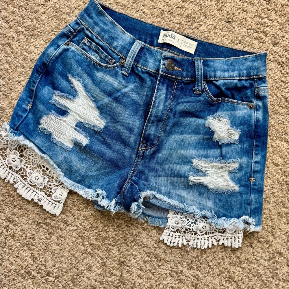 Distressed Denim Shorts with Lace Pockets